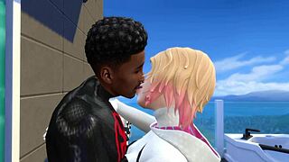 Miles Morales and Gwen Stacy in hardcore balcony scene