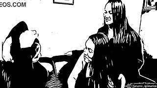 Beautiful animation of three lesbian sisters’ deep tongue kiss