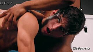 Interracial gay threesome in locker room