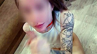 cute skinny blonde delivers juicy pov blowjob. bedroom teen action ends in cumshot.