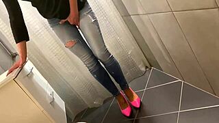 Desperate pee in jeans, he pees on ass, I blow him