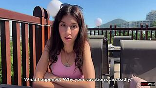 Sad girl in hotel, picked up, relieved by climax