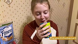 blonde teen gives blowjob in kitchen