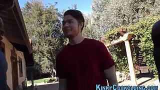 Teen humiliated in outdoor interracial cuckold threesome