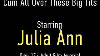 sex queen julia ann sucks cock and takes a huge cum load on her big tits.