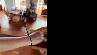 Slut Chained to Banister Gets Fucked Hard with Cum Dripping from Her Wet Pussy