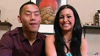 Inked Black Hair Beauty with Natural Floppy Tits Picked Up for First Time Casting. She Gets Nailed by Asian Guy.