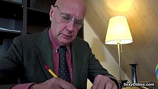 teen seduces and fucks old man hugo in his office, with mature grandfather dad and girl small tits blowjob at work hairless