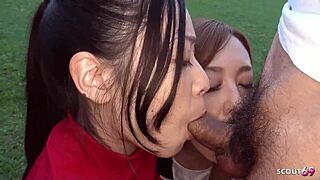 Skinny Japanese Teen Seduced By Older Mature Couple For Outdoor FFM Threesome With Hairy Pussy Riding And Creampie In Uncensored JAV