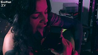 Dominant Latina Goddess in Heels and Pantyhose Chokes and Gags Her Submissive with Deepthroat Sucking and Foot Licking